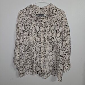M#96 Mint Velvet Women's XL Black‎ & Cream Patterned Blouse w/ Buttons Top